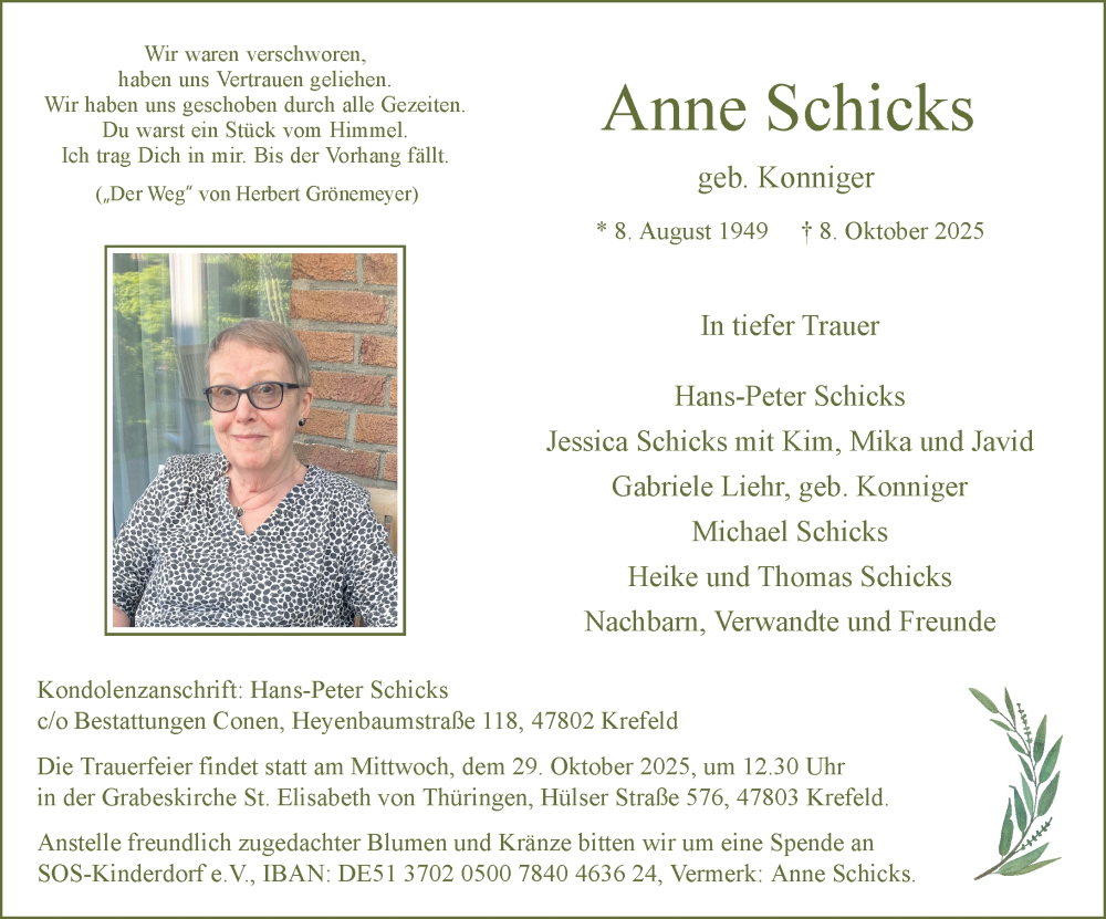  Traueranzeige für Anne Schicks vom 18.10.2025 aus Rheinische Post