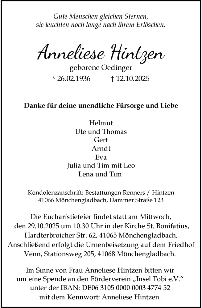  Traueranzeige für Anneliese Hintzen vom 18.10.2025 aus Rheinische Post