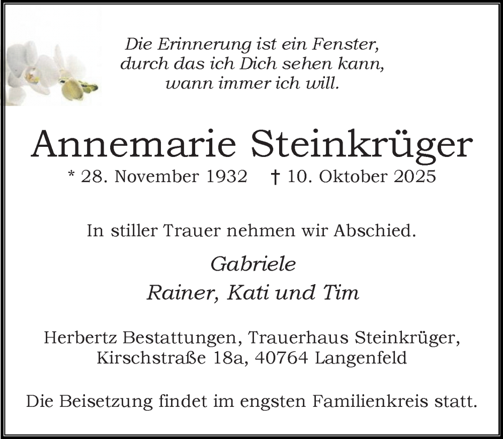  Traueranzeige für Annemarie Steinkrüger vom 18.10.2025 aus Rheinische Post
