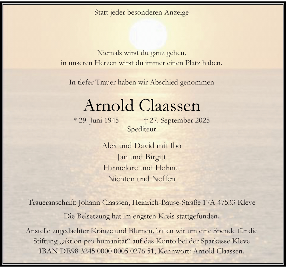  Traueranzeige für Arnold Claassen vom 04.10.2025 aus Rheinische Post