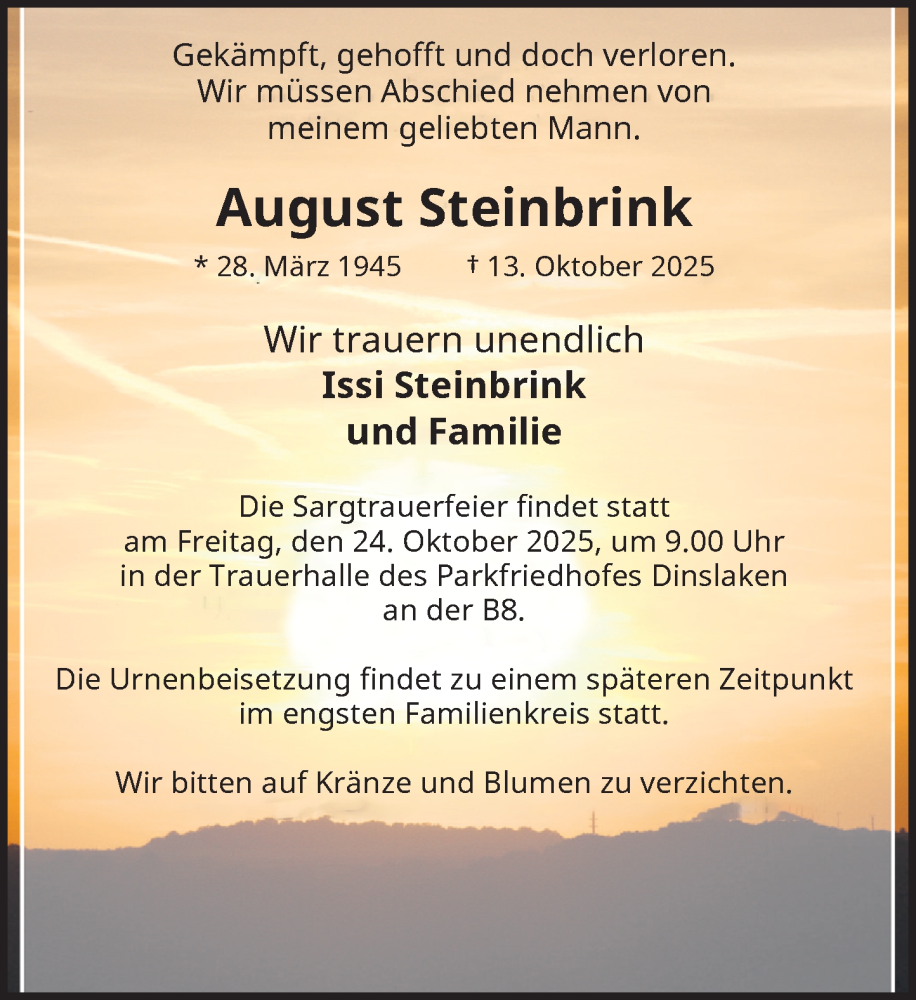  Traueranzeige für August Steinbrink vom 18.10.2025 aus Rheinische Post