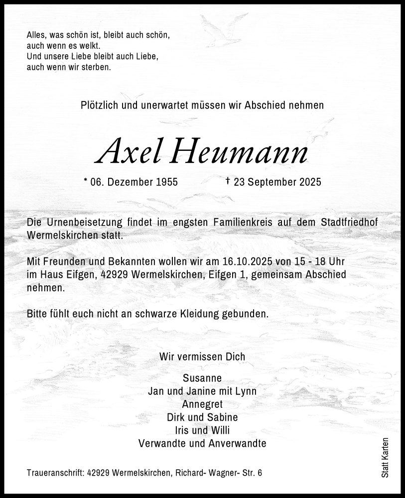  Traueranzeige für Axel Heumann vom 11.10.2025 aus Rheinische Post