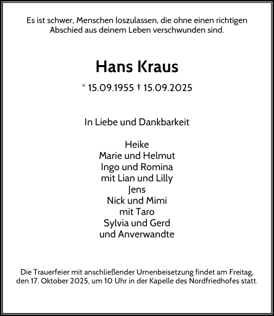 Traueranzeige von Hans Kraus von Rheinische Post