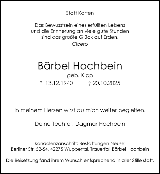 Traueranzeige von Bärbel Hochbein von Rheinische Post