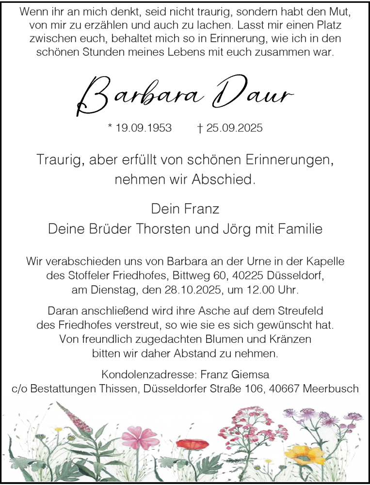  Traueranzeige für Barbara Daur vom 11.10.2025 aus Rheinische Post