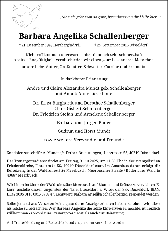 Traueranzeige von Barbara Angelika Schallenberger von Rheinische Post