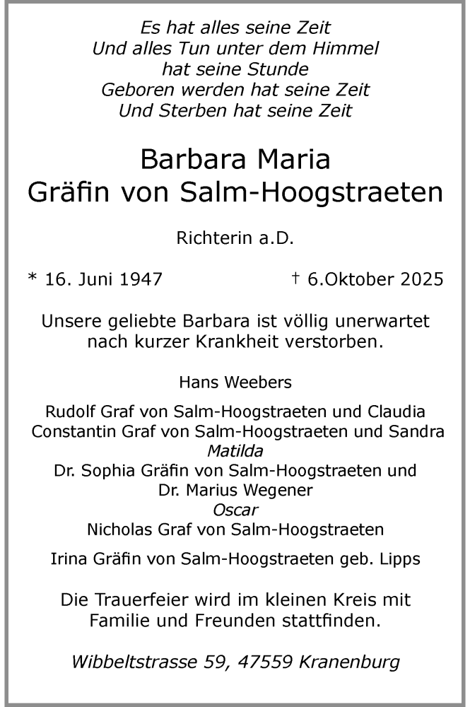  Traueranzeige für Barbara Maria Gräfin von Salm-Hoogstraeten vom 10.10.2025 aus Rheinische Post