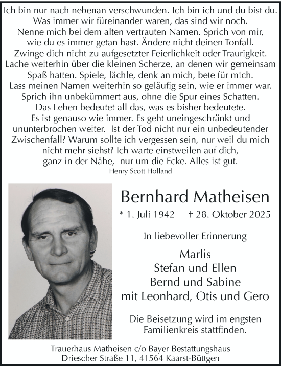 Traueranzeige von Bernhard Matheisen von Rheinische Post