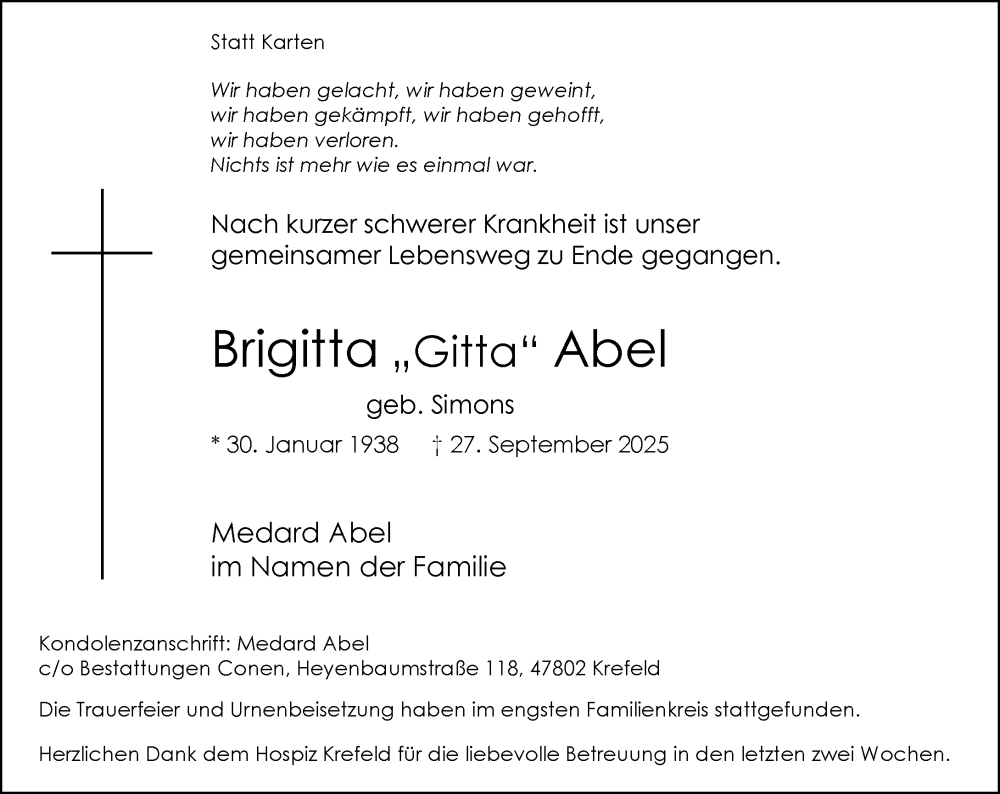  Traueranzeige für Brigitta Abel vom 18.10.2025 aus Rheinische Post