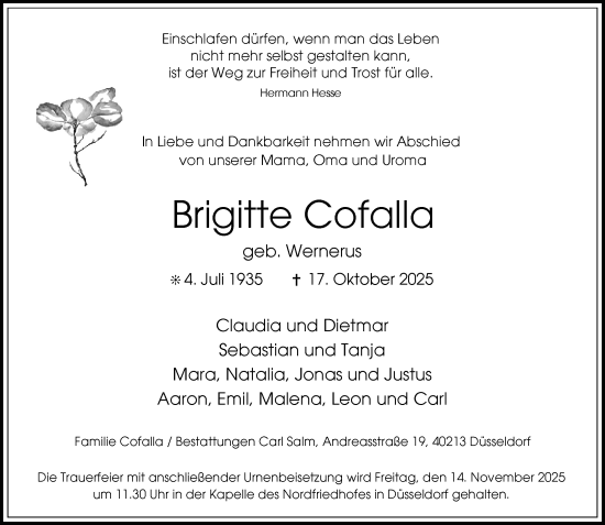 Traueranzeige von Brigitte Cofalla von Rheinische Post