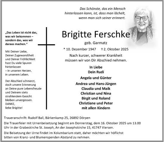 Traueranzeige von Brigitte Ferschke von Rheinische Post
