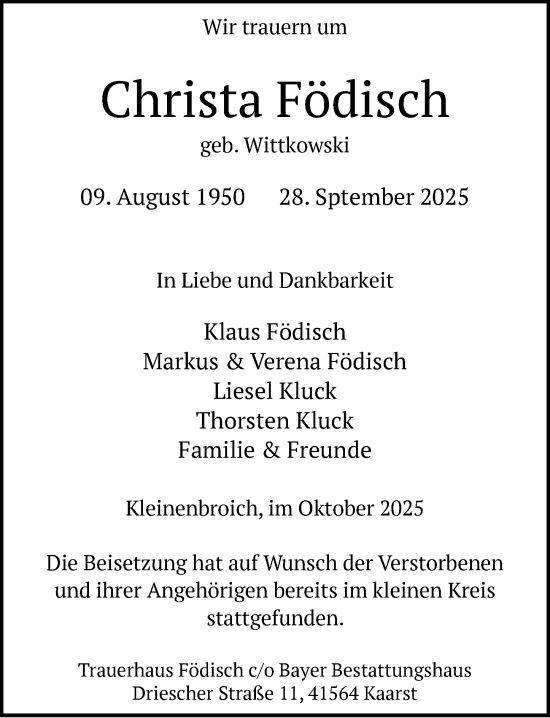 Traueranzeige von Christa Födisch von Rheinische Post
