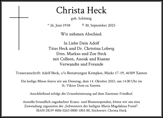 Traueranzeige von Christa Heck von Rheinische Post