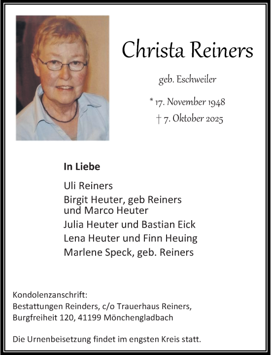 Traueranzeige von Christa Reiners von Rheinische Post