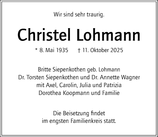 Traueranzeige von Christel Lohmann von Rheinische Post
