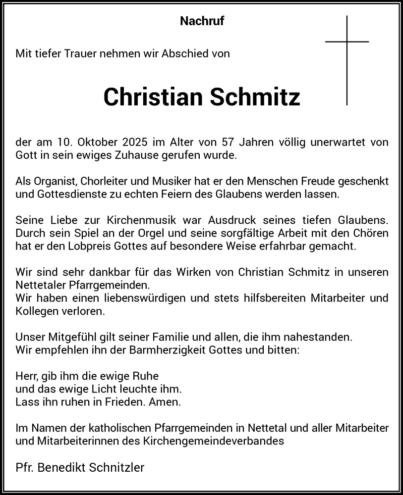  Traueranzeige für Christian Schmitz vom 25.10.2025 aus Rheinische Post