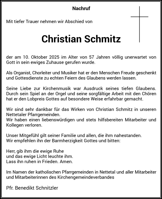Traueranzeige von Christian Schmitz von Rheinische Post