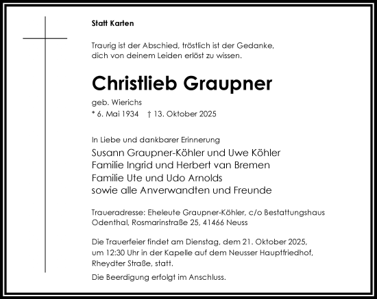 Traueranzeige von Christlieb Graupner von Rheinische Post