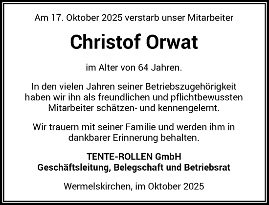 Traueranzeige von Christof Orwat von Rheinische Post