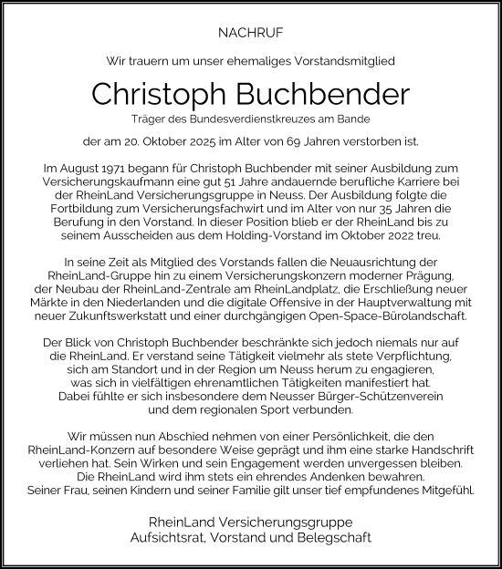 Traueranzeige von Christoph Buchbender von Rheinische Post