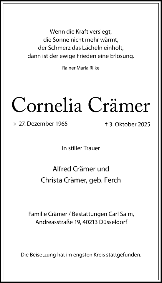 Traueranzeige von Cornelia Crämer von Rheinische Post