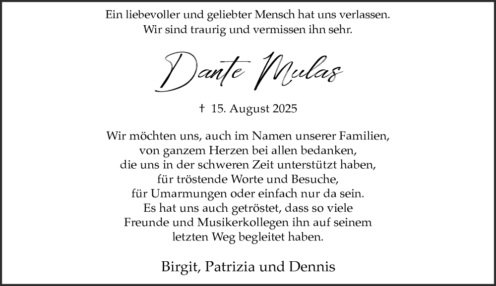  Traueranzeige für Dante Mulas vom 11.10.2025 aus Rheinische Post