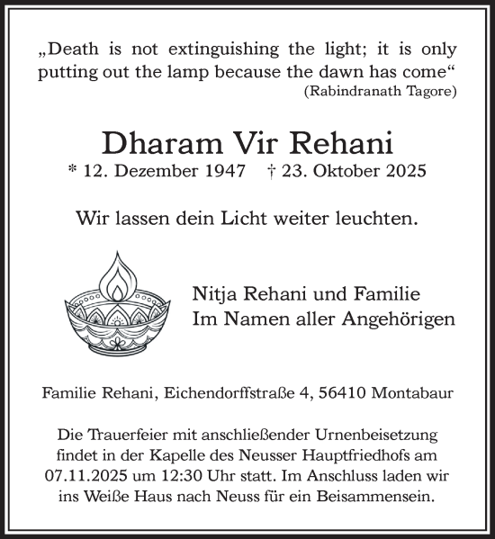 Traueranzeige von Dharam Vir Rehani von Rheinische Post