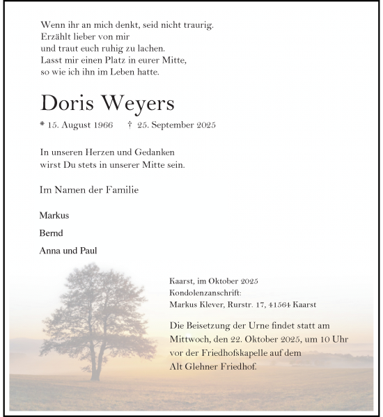 Traueranzeige von Doris Weyers von Rheinische Post