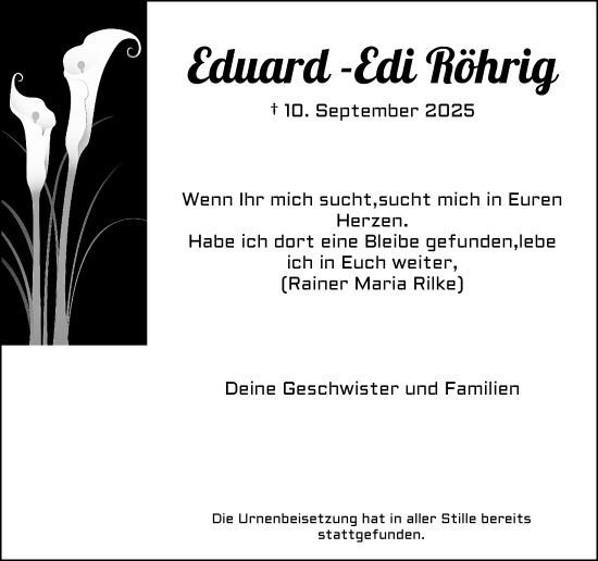 Traueranzeige von Eduard Röhrig von Rheinische Post