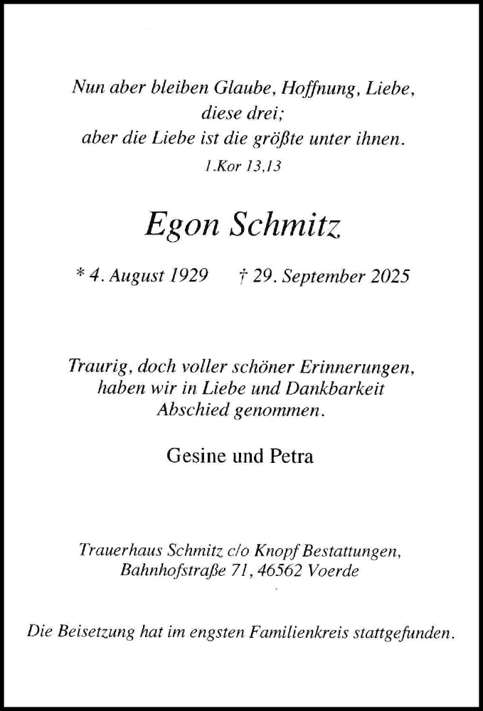 Traueranzeige für Egon Schmitz vom 11.10.2025 aus Rheinische Post