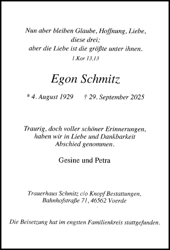 Traueranzeige von Egon Schmitz von Rheinische Post