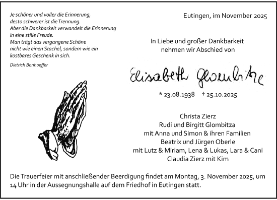 Traueranzeige von Elisabeth Glombitza von Rheinische Post