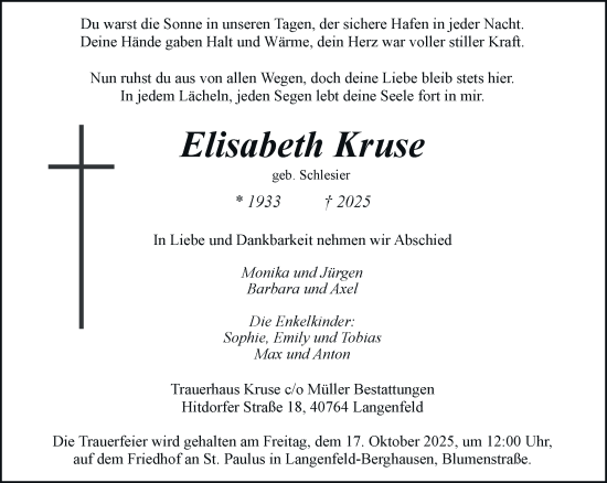Traueranzeige von Elisabeth Kruse von Rheinische Post