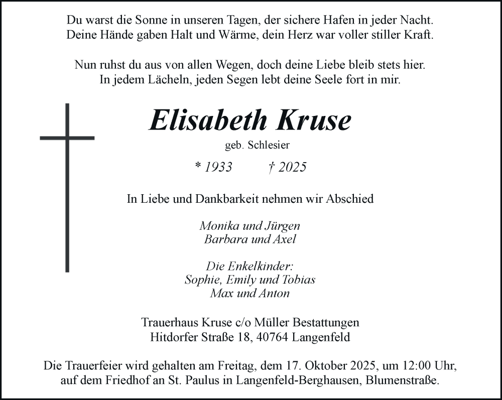  Traueranzeige für Elisabeth Kruse vom 11.10.2025 aus Rheinische Post