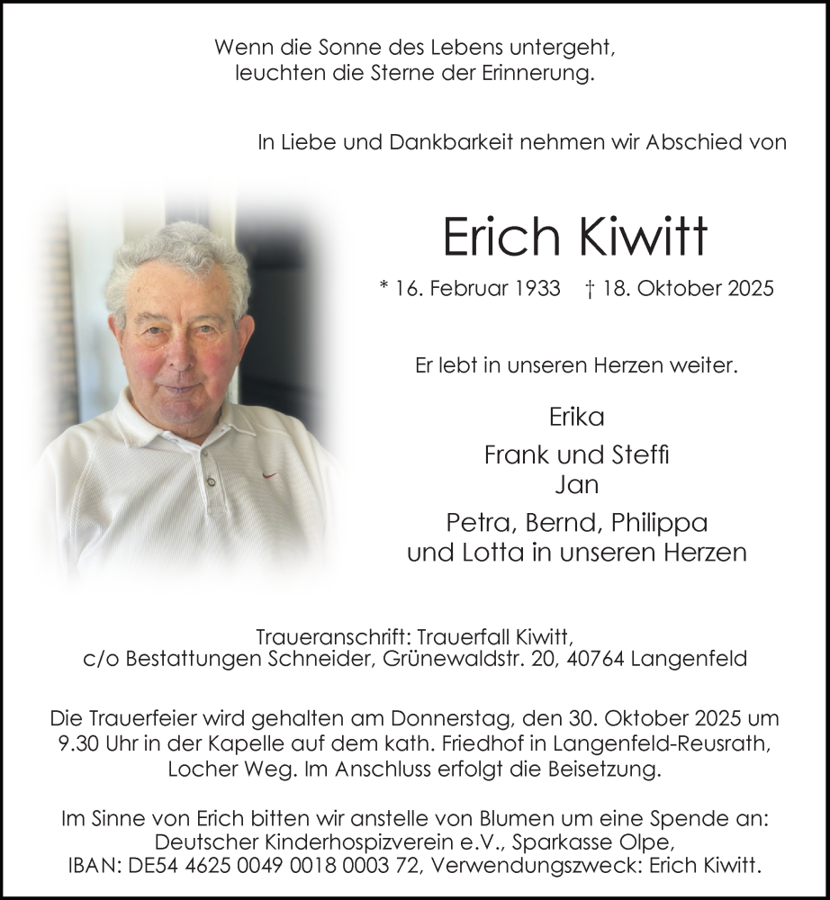  Traueranzeige für Erich Kiwitt vom 25.10.2025 aus Rheinische Post