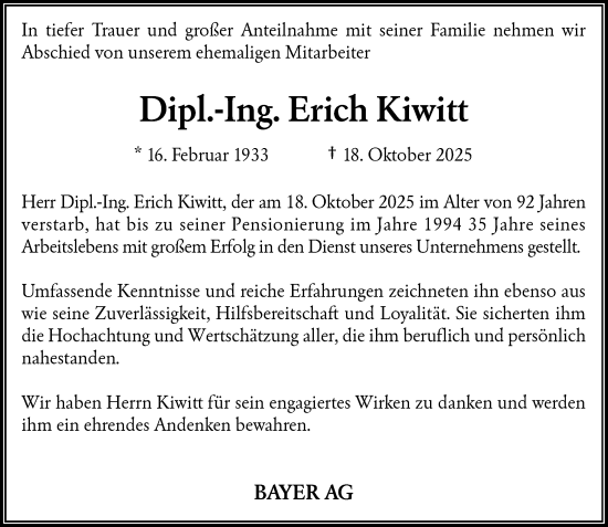Traueranzeige von Erich Kiwitt von Rheinische Post