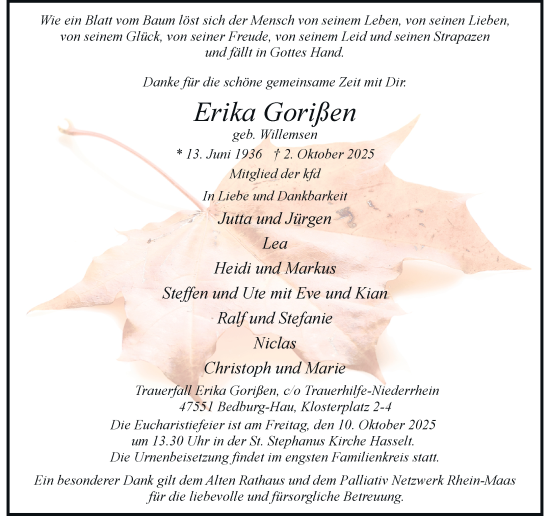 Traueranzeige von Erika Gorißen von Rheinische Post