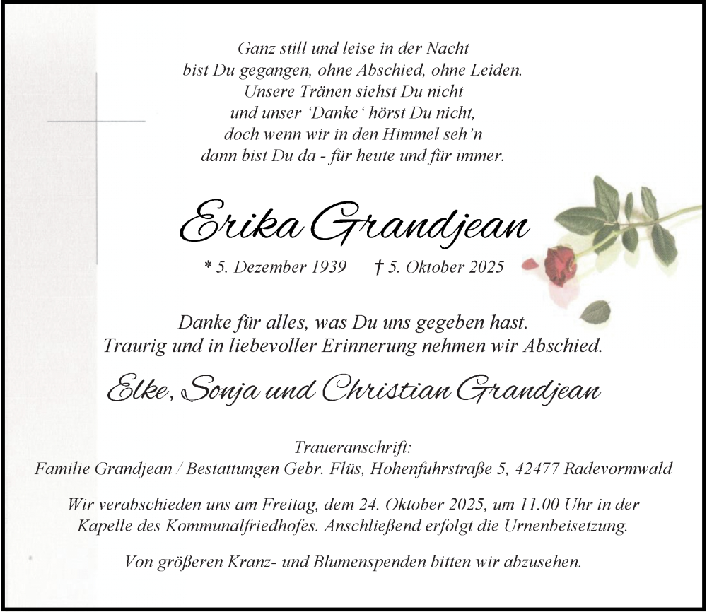  Traueranzeige für Erika Grandjean vom 18.10.2025 aus Rheinische Post