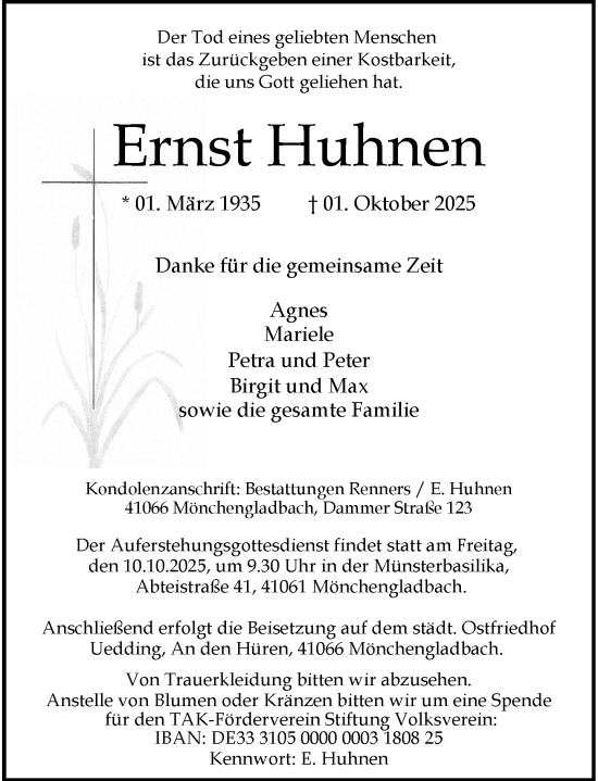Traueranzeige von Ernst Huhnen von Rheinische Post