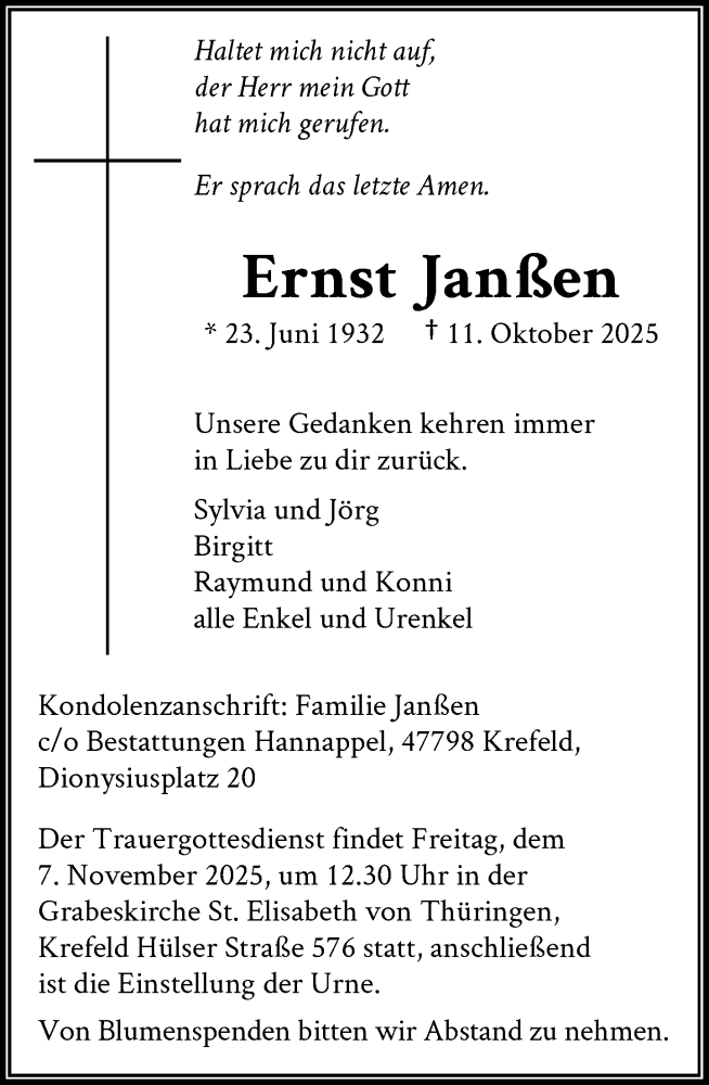  Traueranzeige für Ernst Janßen vom 01.11.2025 aus Rheinische Post