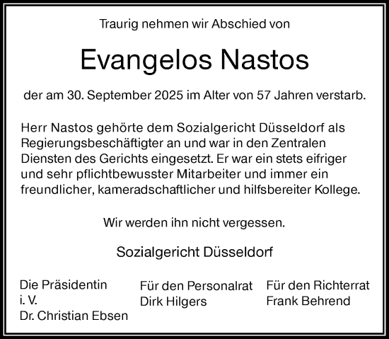 Traueranzeige von Evangelos Nastos von Rheinische Post