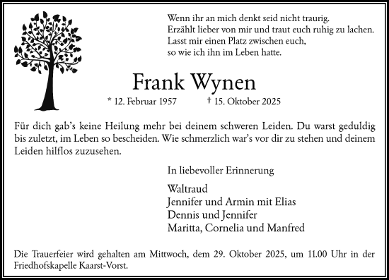 Traueranzeige von Frank Wynen von Rheinische Post
