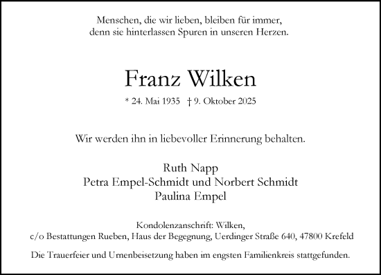 Traueranzeige von Franz Wilken von Rheinische Post