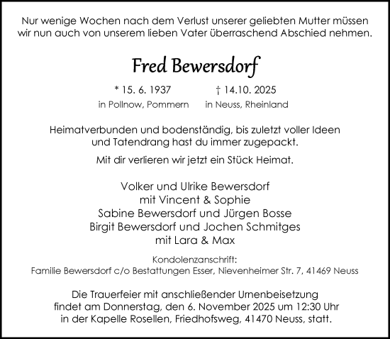 Traueranzeige von Fred Bewersdorf von Rheinische Post