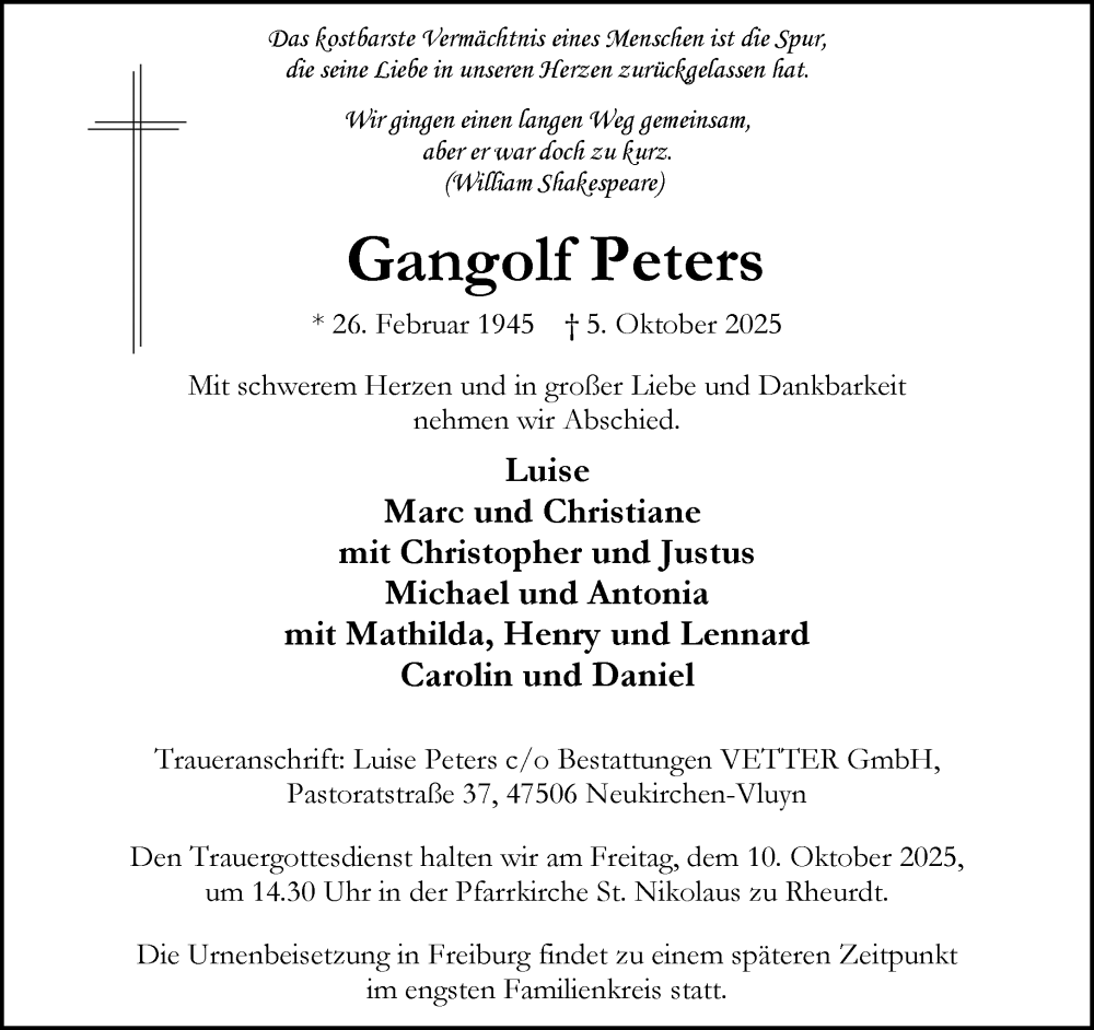  Traueranzeige für Gangolf Peters vom 08.10.2025 aus Rheinische Post