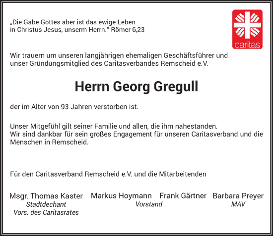 Traueranzeige von Georg Gregull von Rheinische Post