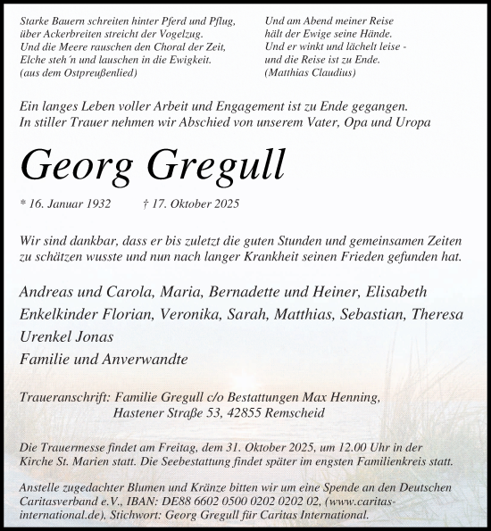Traueranzeige von Georg Gregull von Rheinische Post