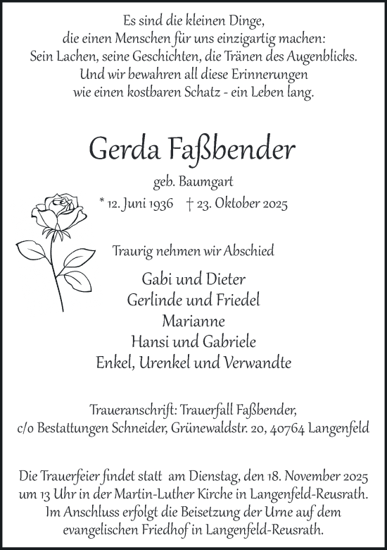 Traueranzeige von Gerda Faßbender von Rheinische Post