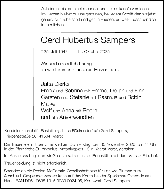 Traueranzeige von Gerd Hubertus Sampers von Rheinische Post