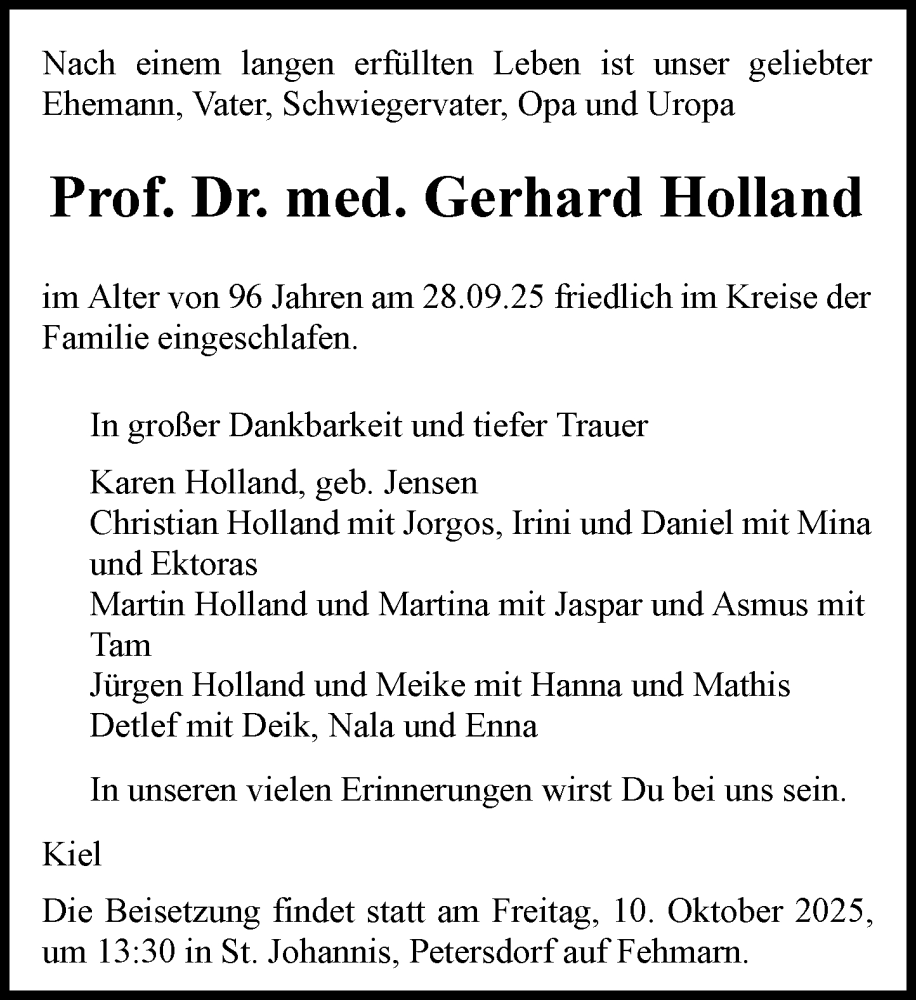  Traueranzeige für Gerhard Holland vom 07.10.2025 aus Rheinische Post